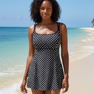 Great Lengths Size 24 $88 Black‎ Polka Dot Adjustable Swim Dress Pin Up Retro